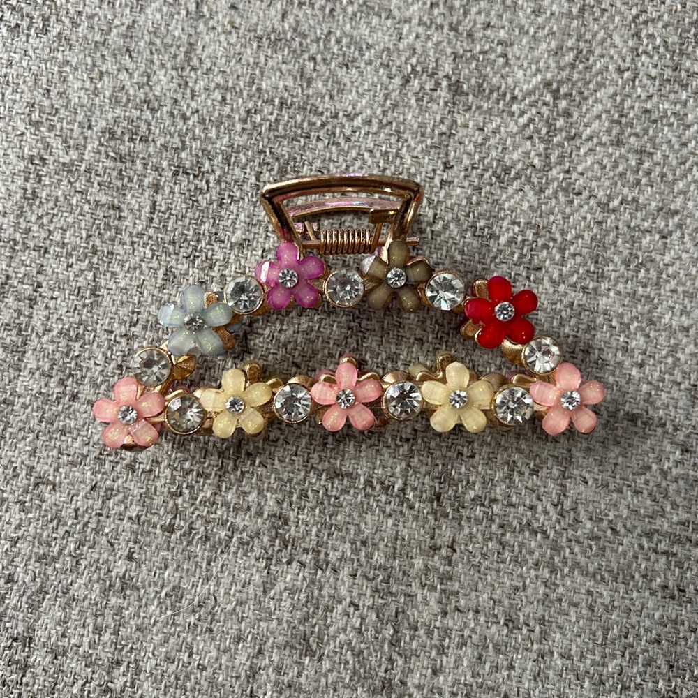 Gold Floral Hair Claw Clip with Rhinestones